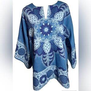 Vintage Ruth Clarage M Blue Hand-printed Original Tunic Top